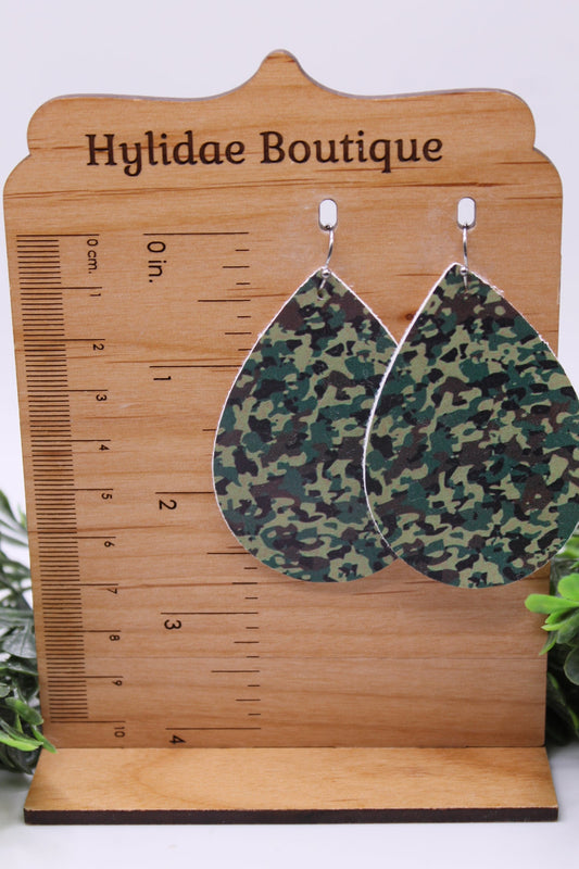 Camo || Faux Leather Teardrop Dangle Earrings || Single-Sided